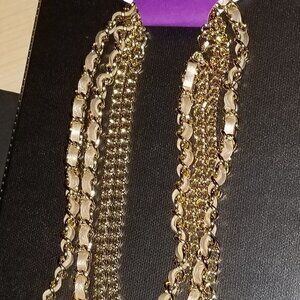 Landver Double Gold Tone Chain Necklace woven with aged leather - New 34"